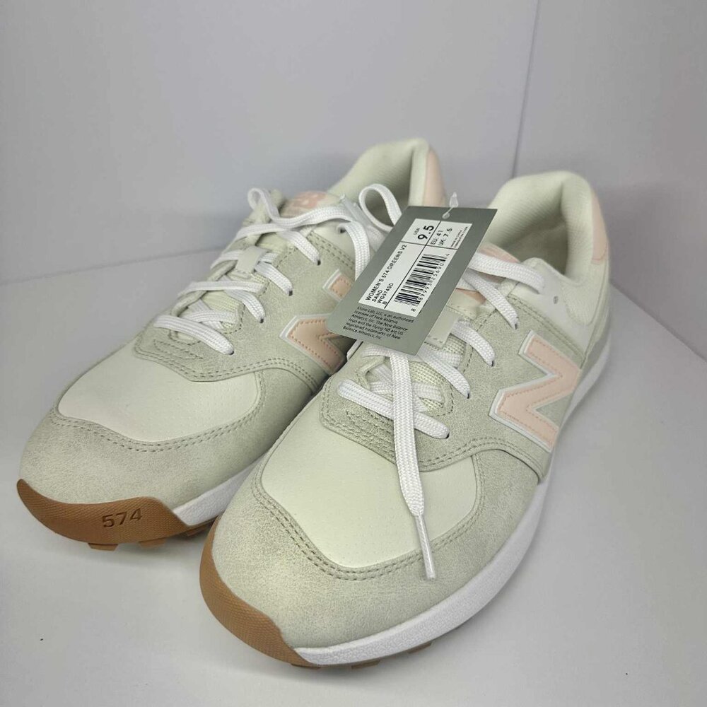 New Balance Pink, Beige, and White Women’s 574 Greens v2 spikeless Golf shoes